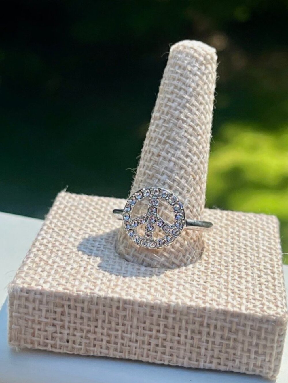 Vintage Coach Crystal Peace Sign Ring Silver Tone Y2K Pavé Statement Ring